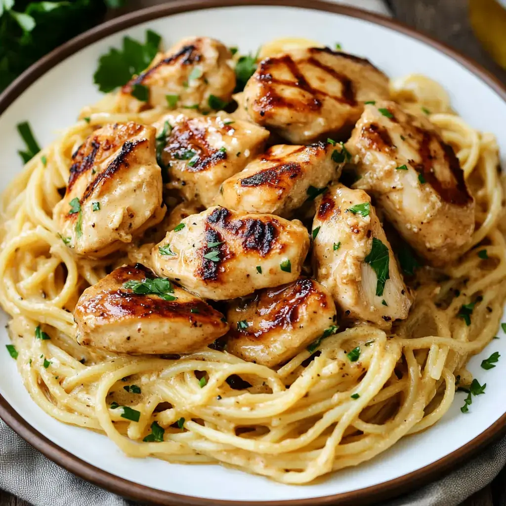 A bowl of smooth pasta with golden chicken pieces sprinkled with fresh chopped parsley.