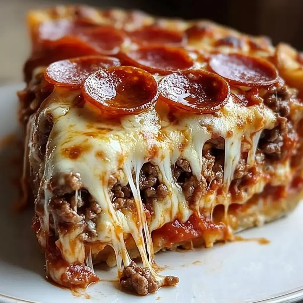 Close-up of a cheesy beef pizza pie slice with stretchy cheese on the edge.