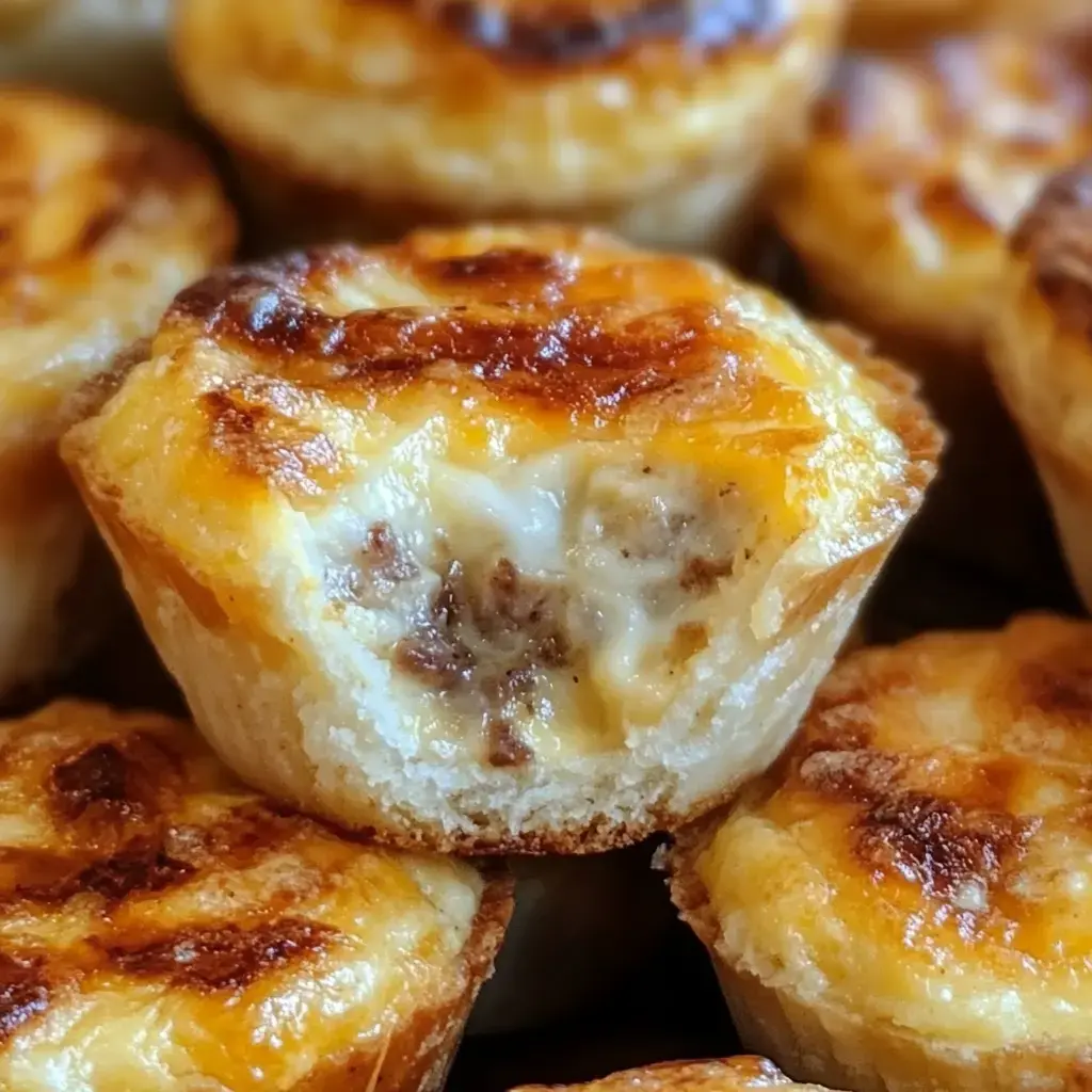 A close-up of golden-brown and cheesy mini quiches with a flaky crust, showcasing a filling of meat and cream.