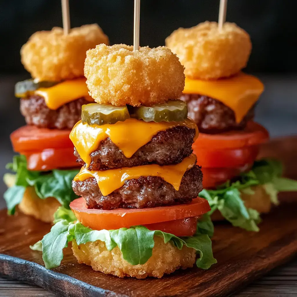 Three towering mini burger stacks with crispy bits, pickles, patties, cheese, and veggies all stacked on a wooden platter.