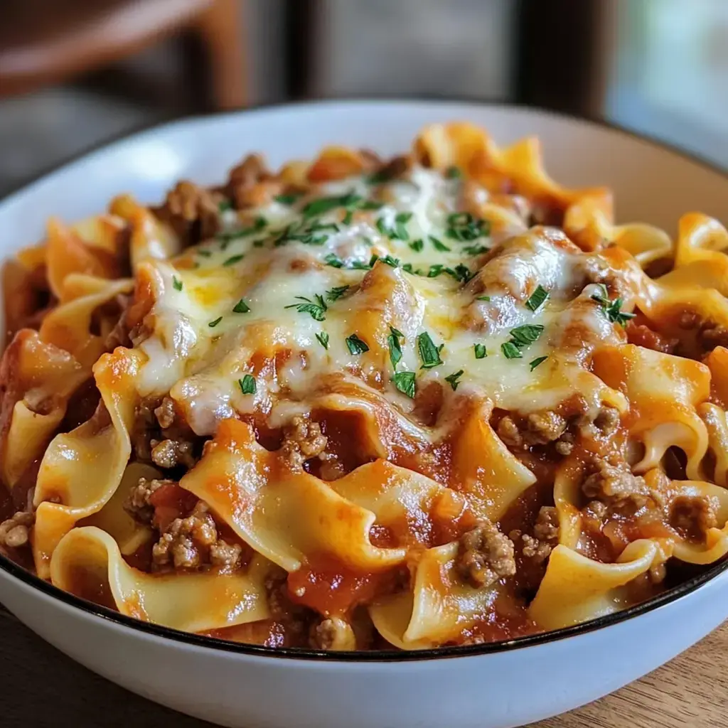 A bowl of pasta with meat sauce, topped with melted cheese and garnished with chopped parsley.