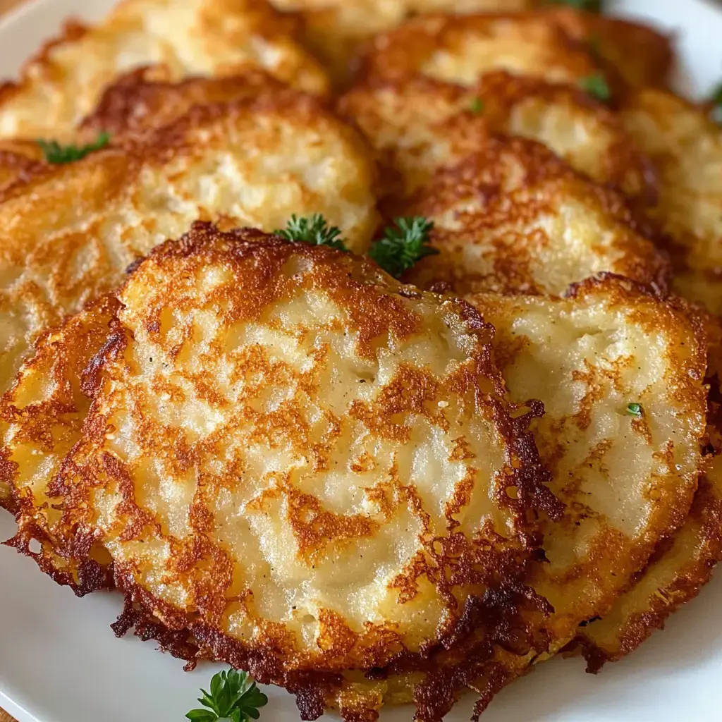 A close-up of golden-brown fried potato pancakes garnished with small parsley leaves, arranged on a white plate.