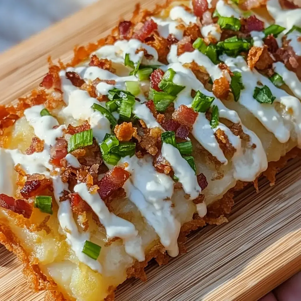 A golden-brown potato dish with bacon, green onions, and creamy sauce, served on a wooden surface.