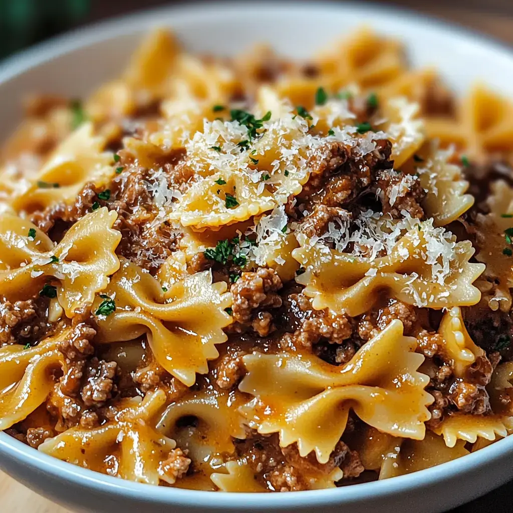 A close-up view of a bowl of farfalle pasta topped with ground meat sauce and sprinkled with grated cheese and parsley.