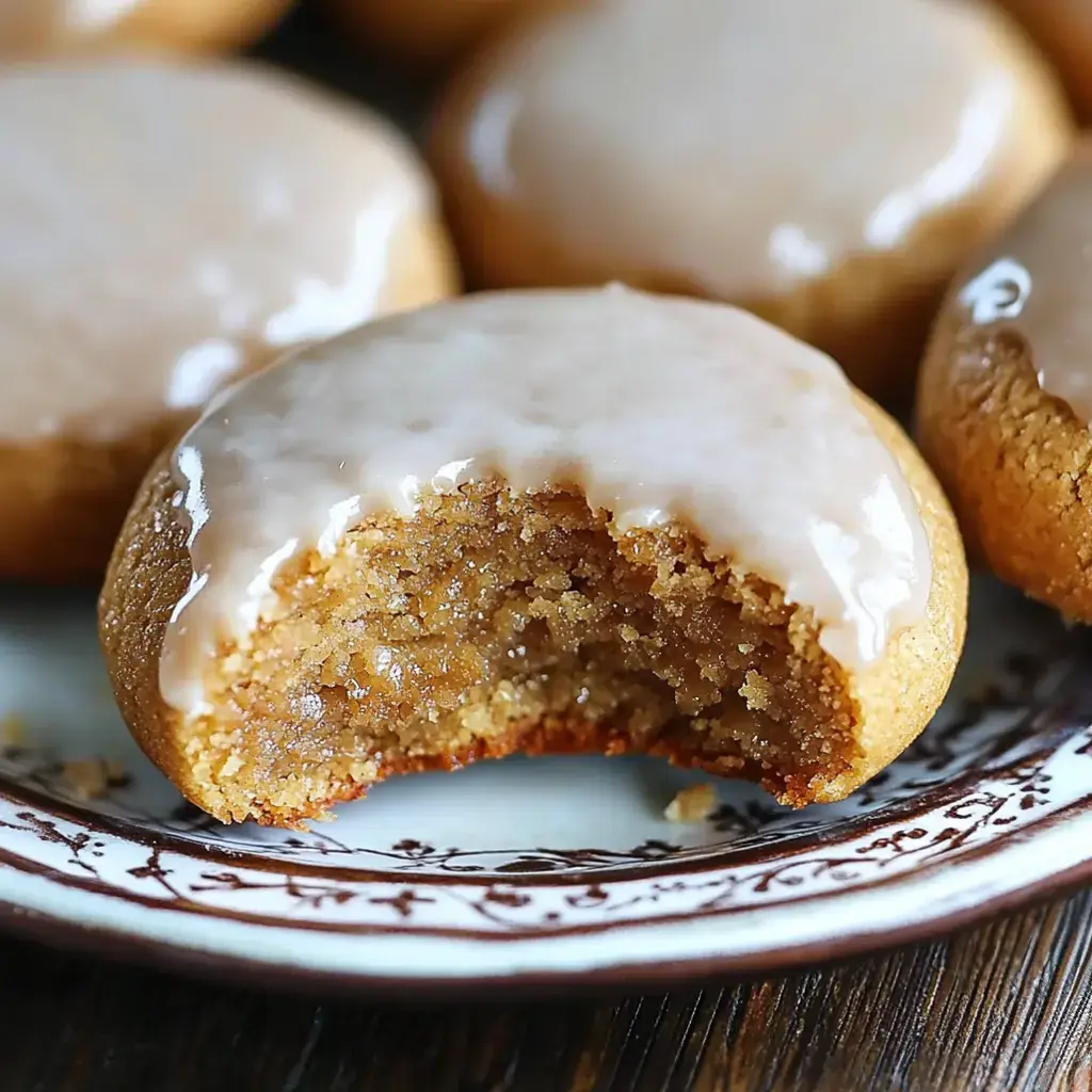 A shiny, frosted cookie on a festive plate, surrounded by more glazed cookies.