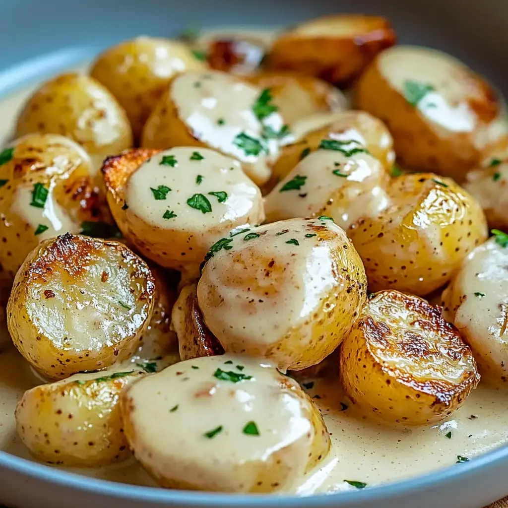 A tight shot of golden baby potatoes covered in silky sauce and topped with fresh green parsley.