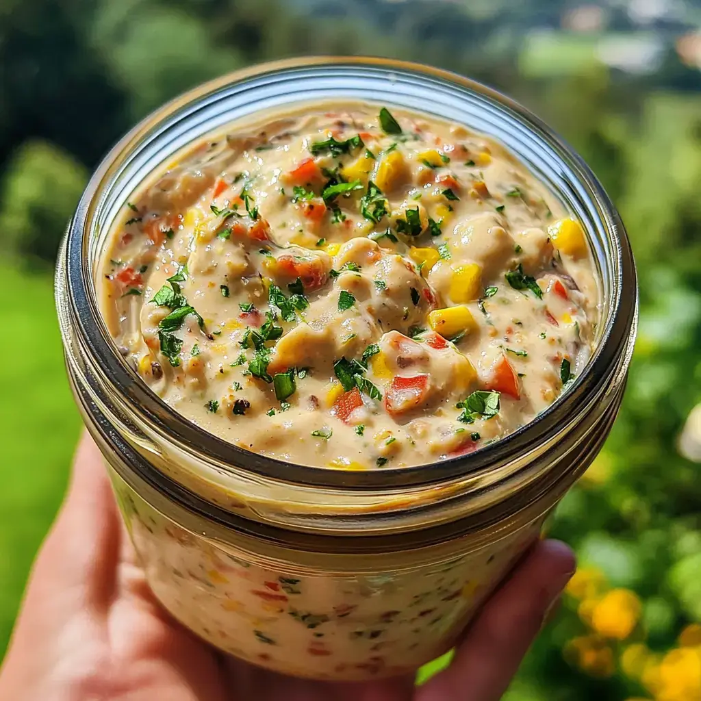 A hand holding a container of thick, chunky dip mixed with diced vegetables and herbs against a green backdrop.