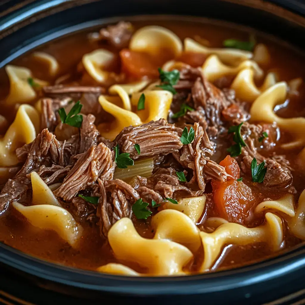 A steaming bowl of rich beef noodle soup with chunks of tender meat, soft egg noodles, and colorful veggies, topped with fresh parsley.