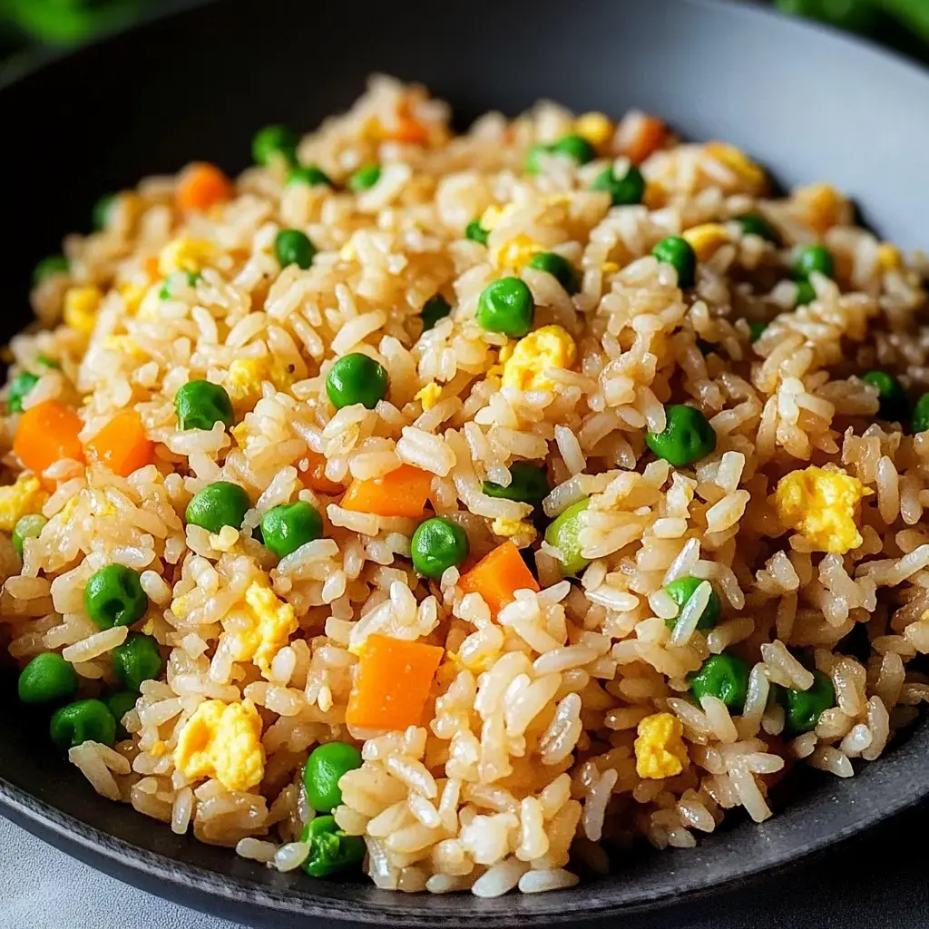 A close-up view of fried rice mixed with green peas, diced carrots, and scrambled eggs served in a dark bowl.