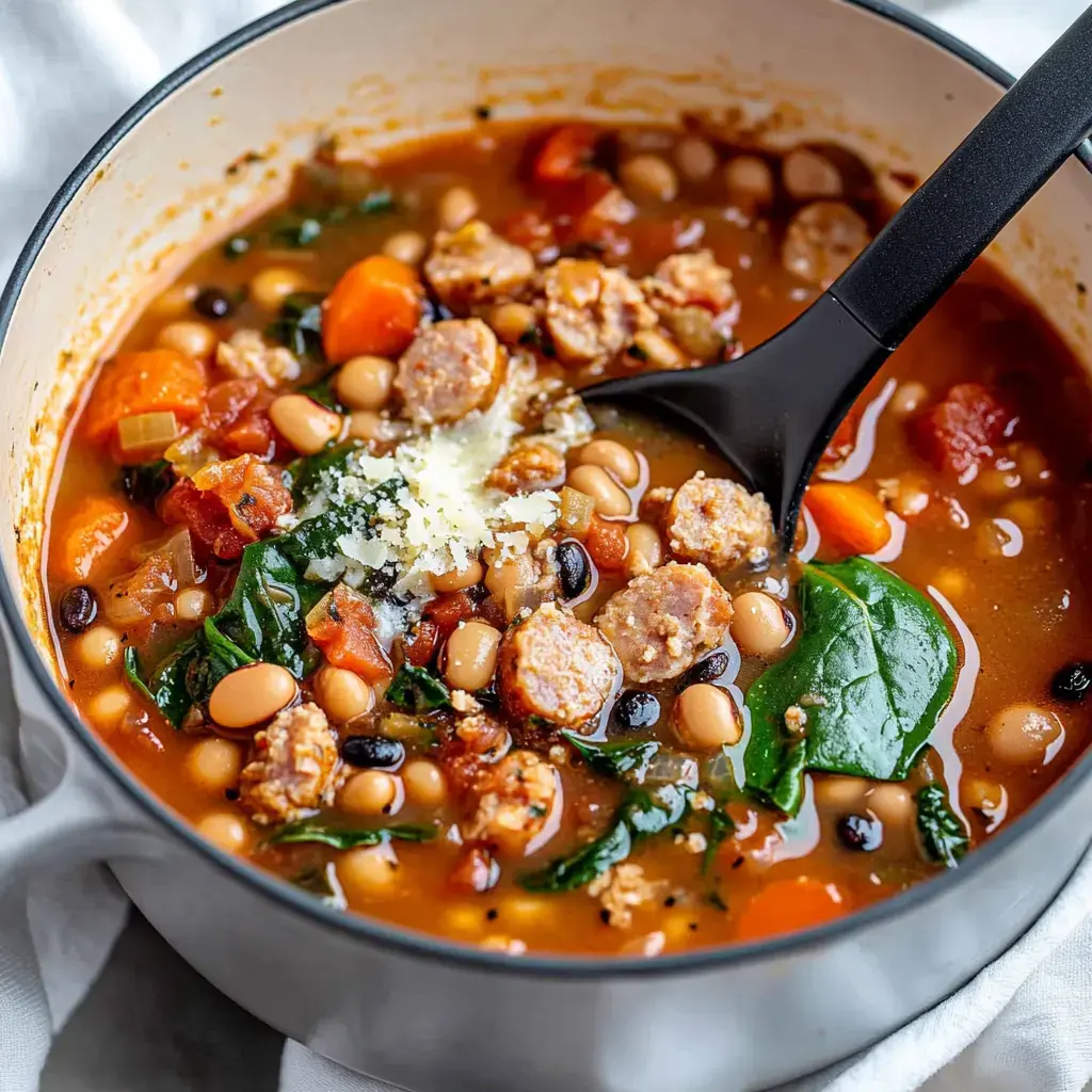 A filling soup in a pot, packed with beans, veggies, sausage, and spinach, with a cheese sprinkle on top.