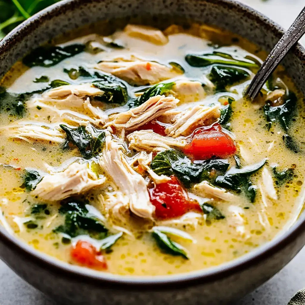 A filled bowl of creamy chicken soup with tender chicken, fresh greens, and diced tomatoes.