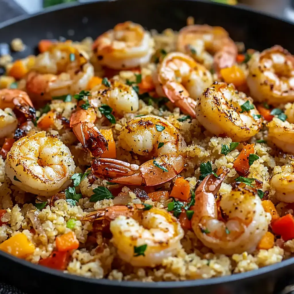 A pan filled with shrimp atop fluffy cauliflower rice mixed with colorful chopped veggies.