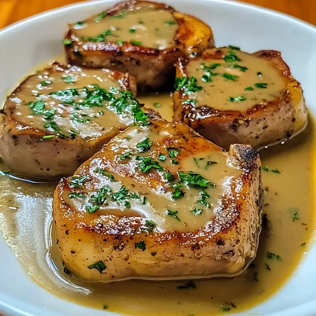 A close-up of sliced pork tenderloin topped with a creamy sauce and garnished with parsley, served in a white bowl.