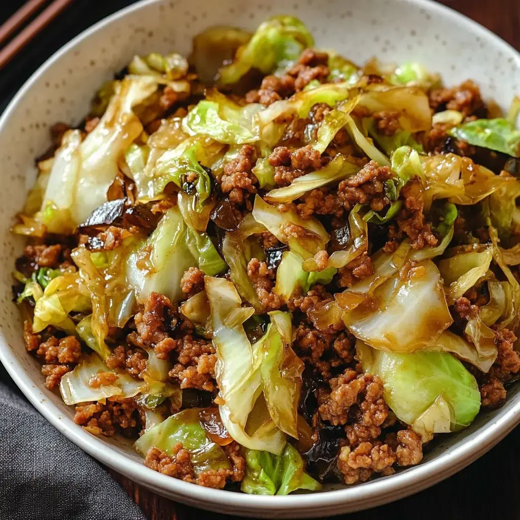 A bowl of stir-fried ground beef, cabbage, and mushrooms.