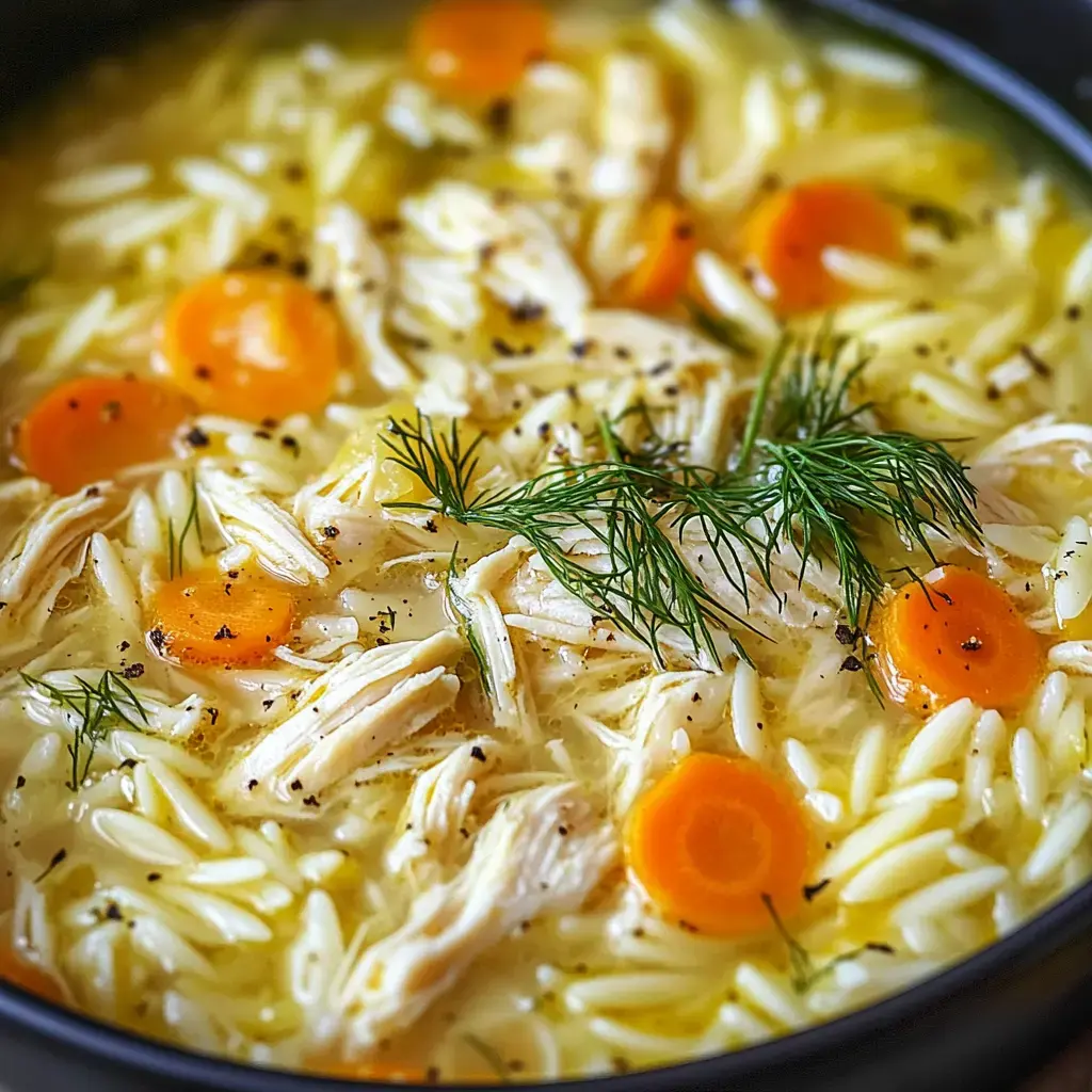 A big bowl of hearty chicken and orzo soup, topped with fresh dill and bright carrot slices.