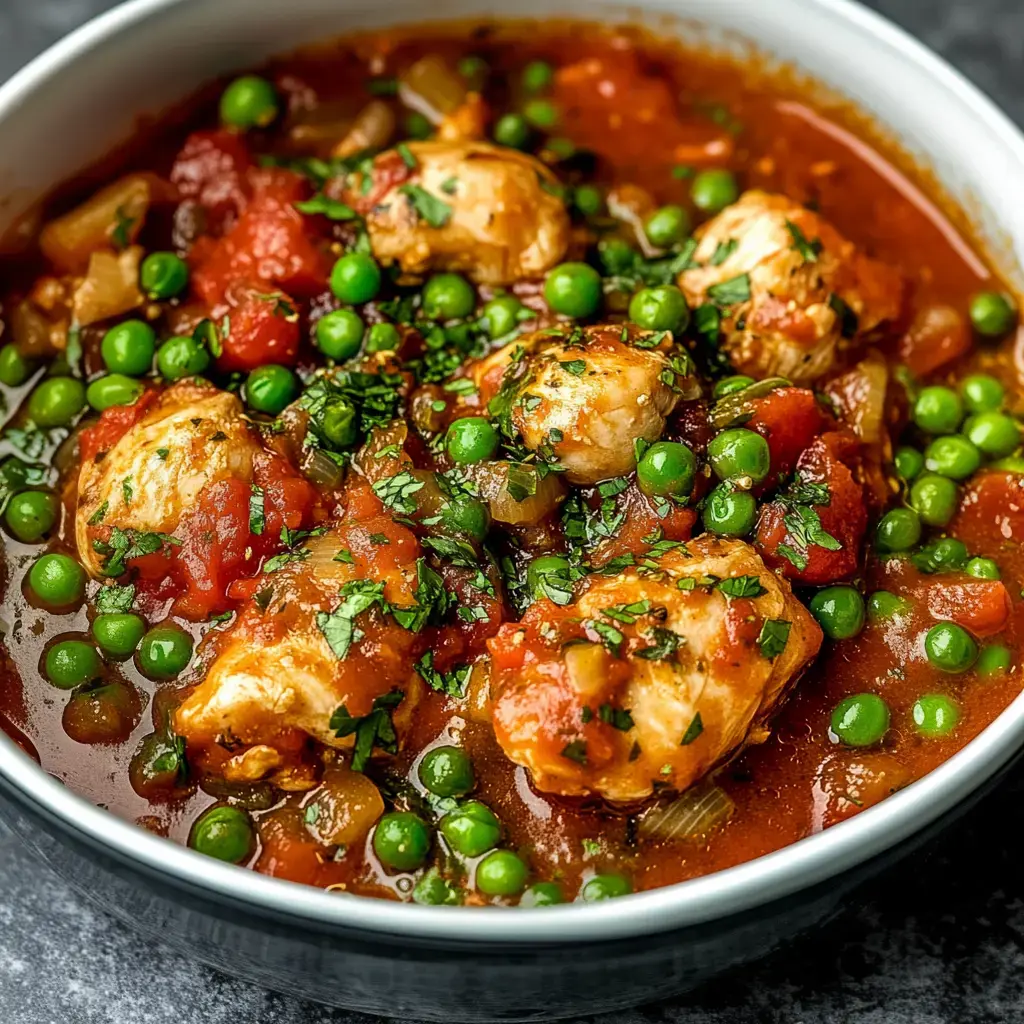 A warm bowl of tender chicken thighs in tomato sauce, topped with green peas and herbs.