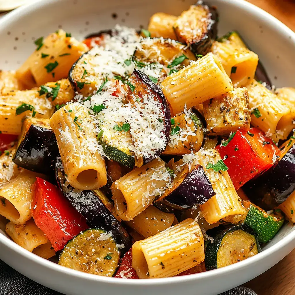 A vibrant plate of pasta tossed with roasted veggies, herbs, and grated cheese on top.