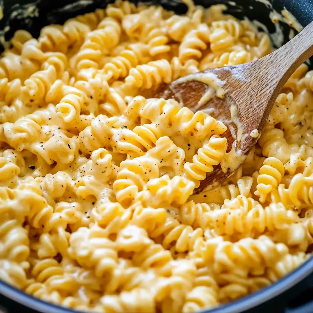 Rotini coated in a cheesy cream sauce with black pepper, served in a skillet, and a wooden spoon added as garnish.