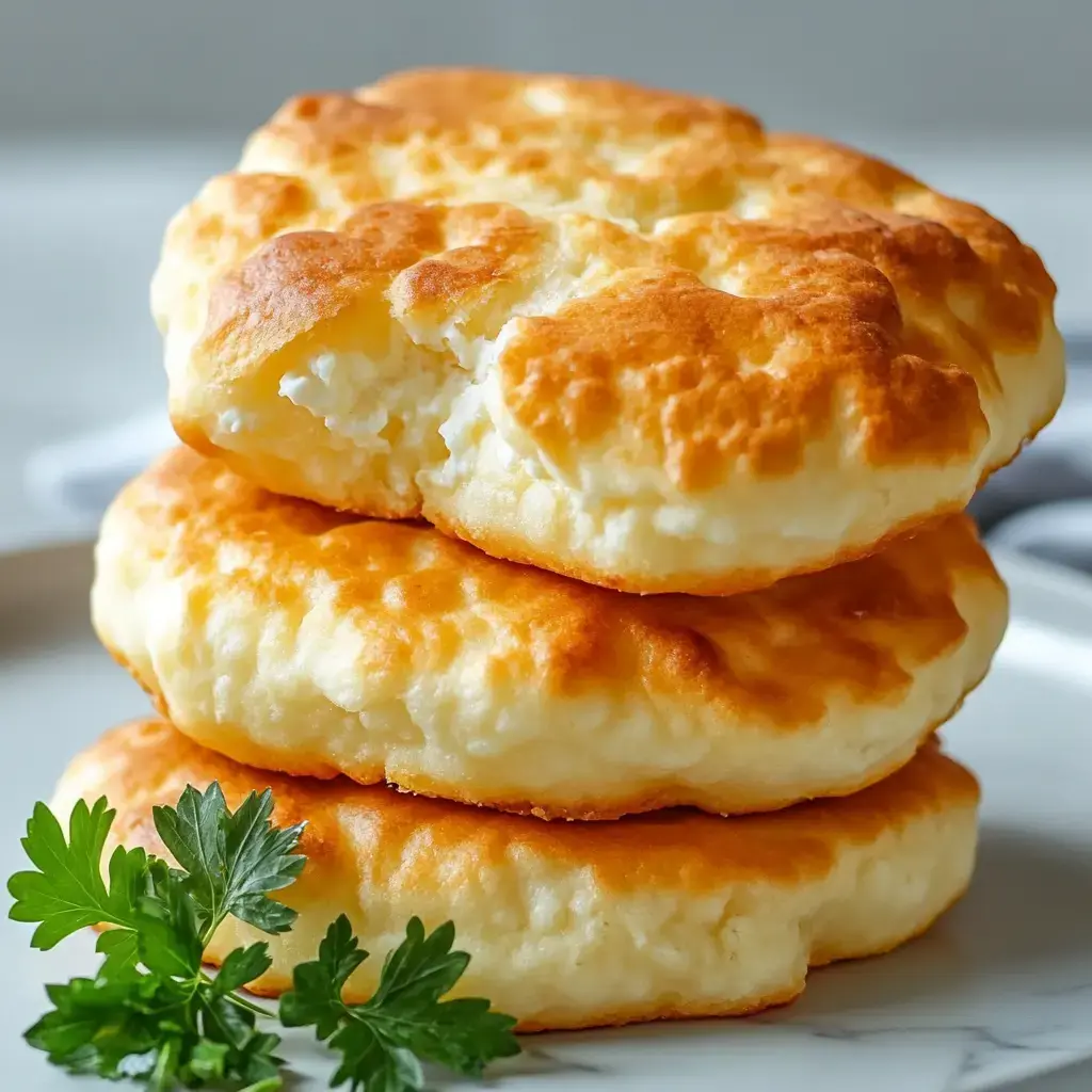 Three fluffy cheese bread rounds stacked together, paired with a sprig of parsley.