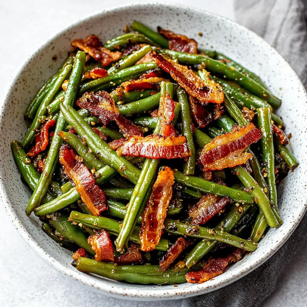 Green beans in a bowl tossed with crispy bacon chunks.