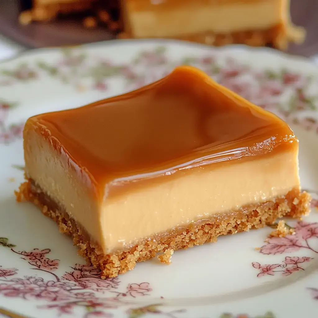 A creamy caramel bar with a glossy top and crunchy crust on a decorative plate.