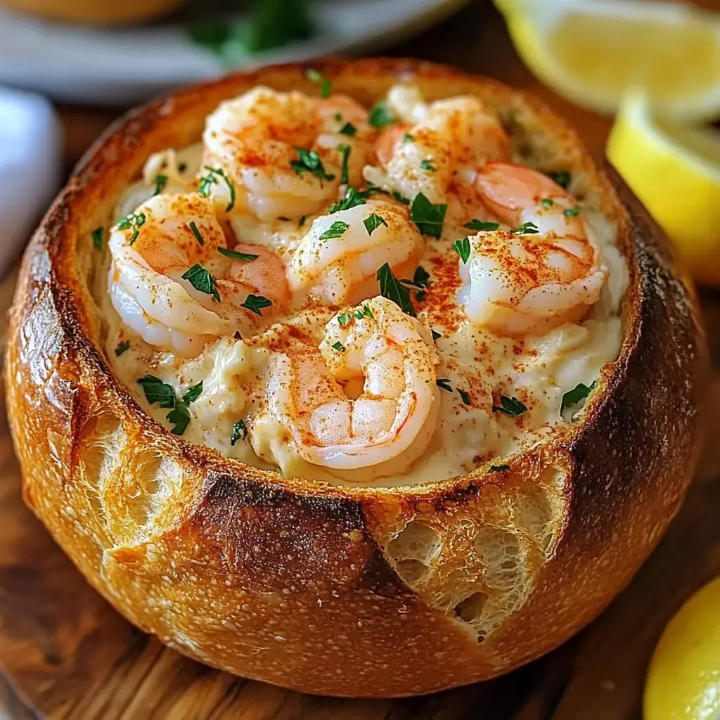 Stuffed bread bowl with creamy shrimp and a sprinkle of paprika and parsley.