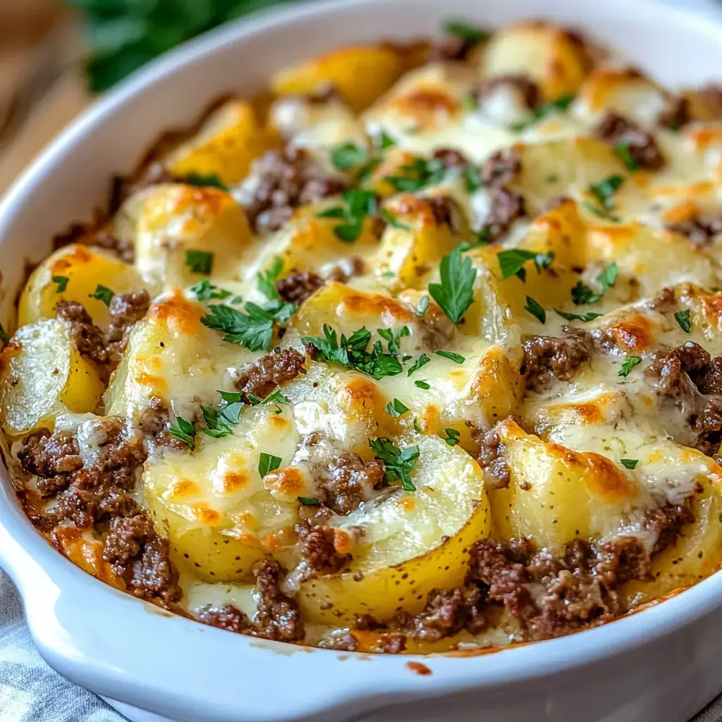 A baked casserole with golden potatoes, seasoned beef, gooey cheese, and fresh parsley sprinkled on top.