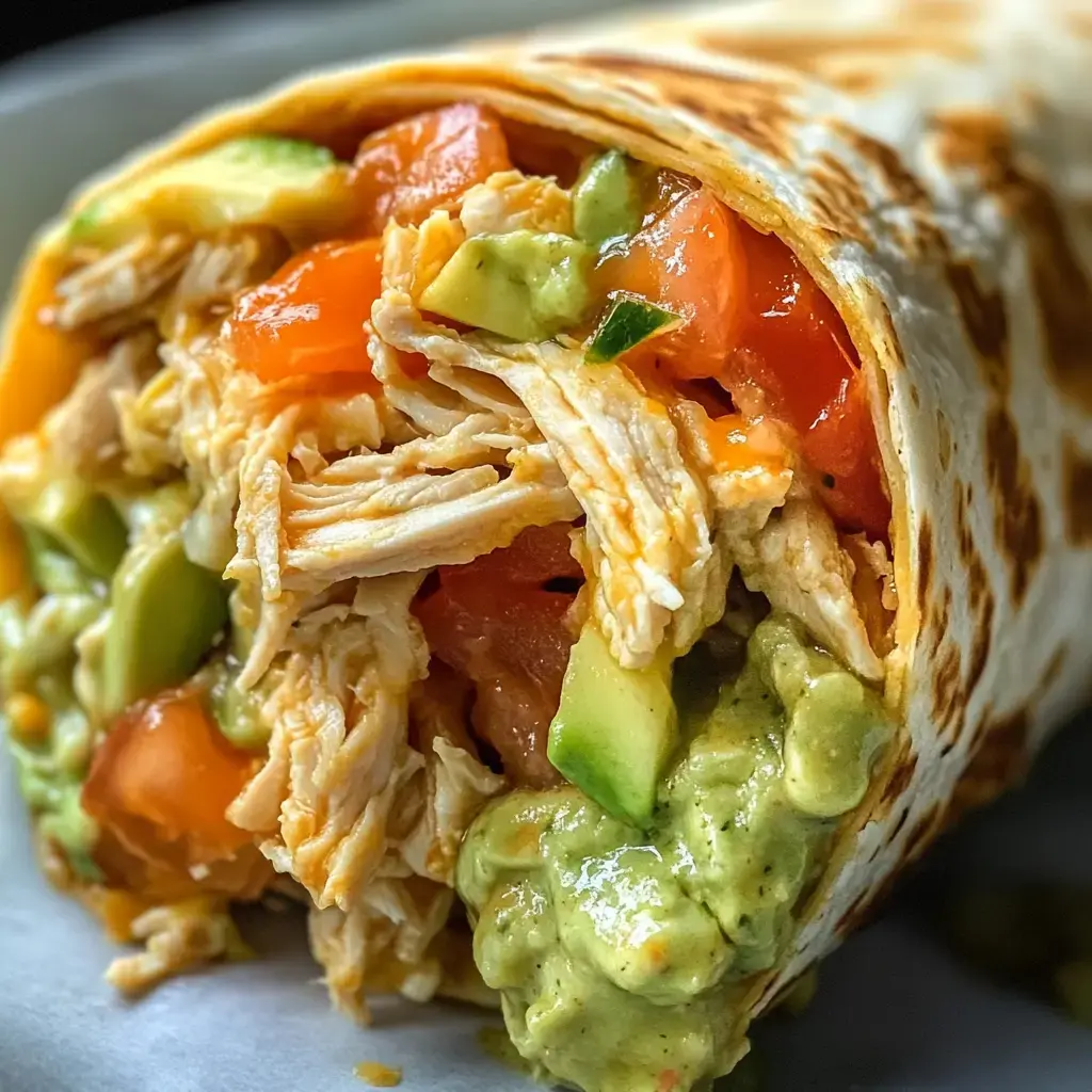 Zoom in on a toasted tortilla filled with shredded chicken, avocado, diced tomatoes, and guacamole.