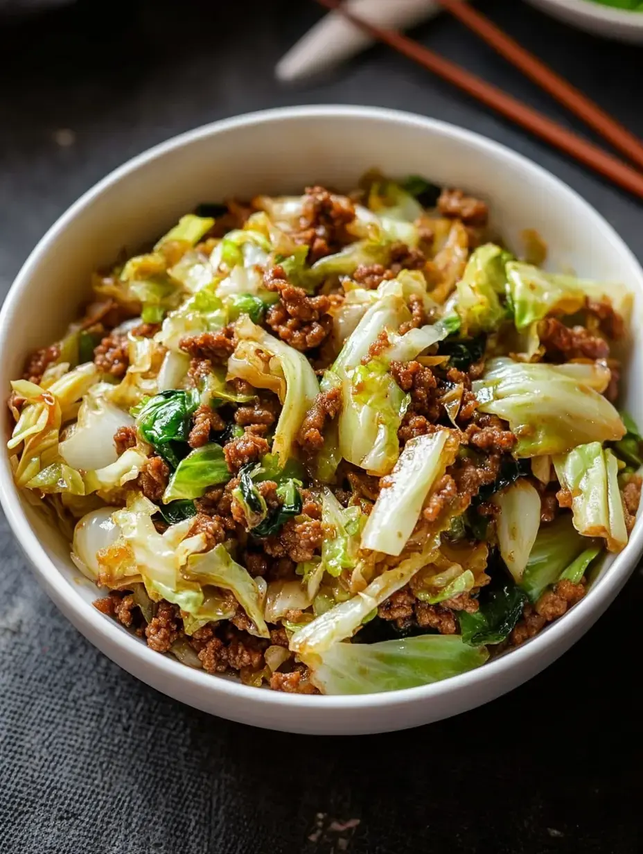 A bowl of stir-fried cabbage and ground meat, garnished with green leaves, sits on a dark surface.