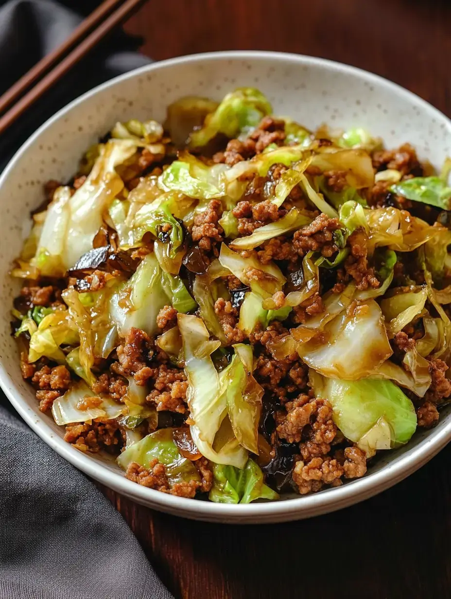 A bowl of stir-fried cabbage and ground meat is presented, showcasing a mix of green cabbage and dark mushrooms in a savory sauce.