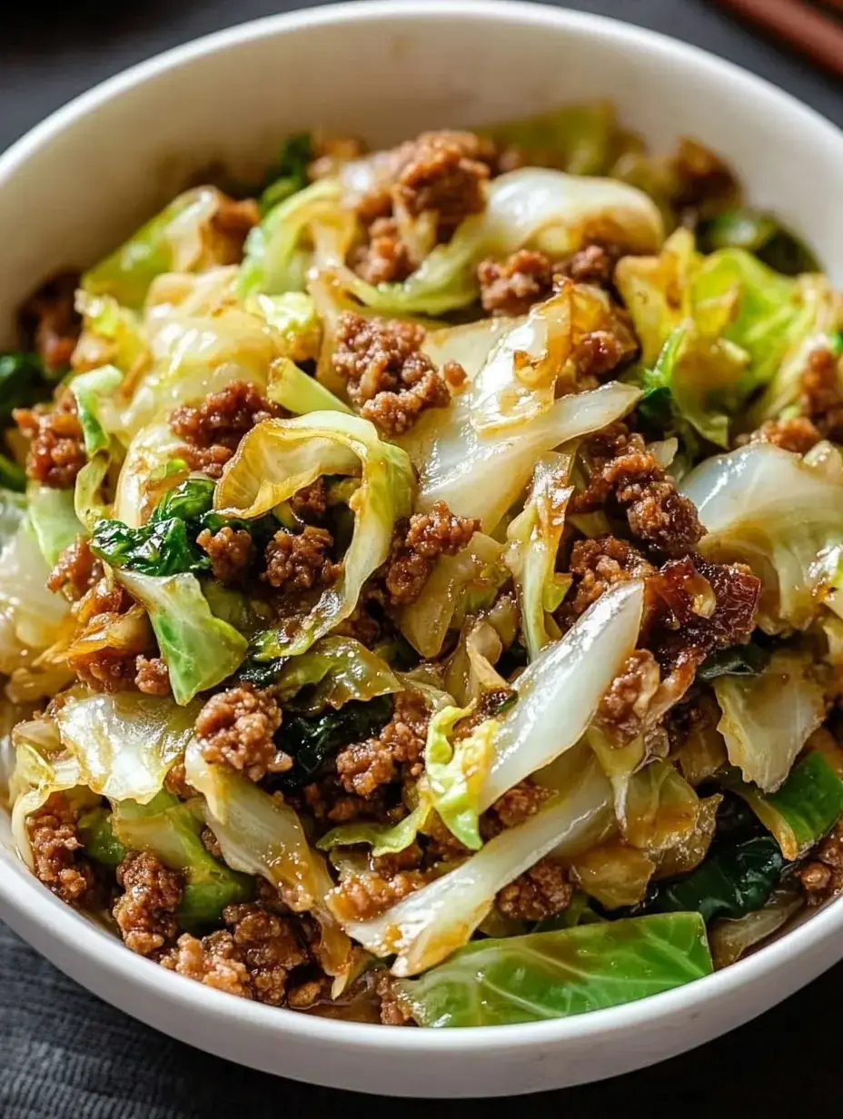 A bowl of sautéed cabbage mixed with ground meat, featuring vibrant green leaves and a savory appearance.