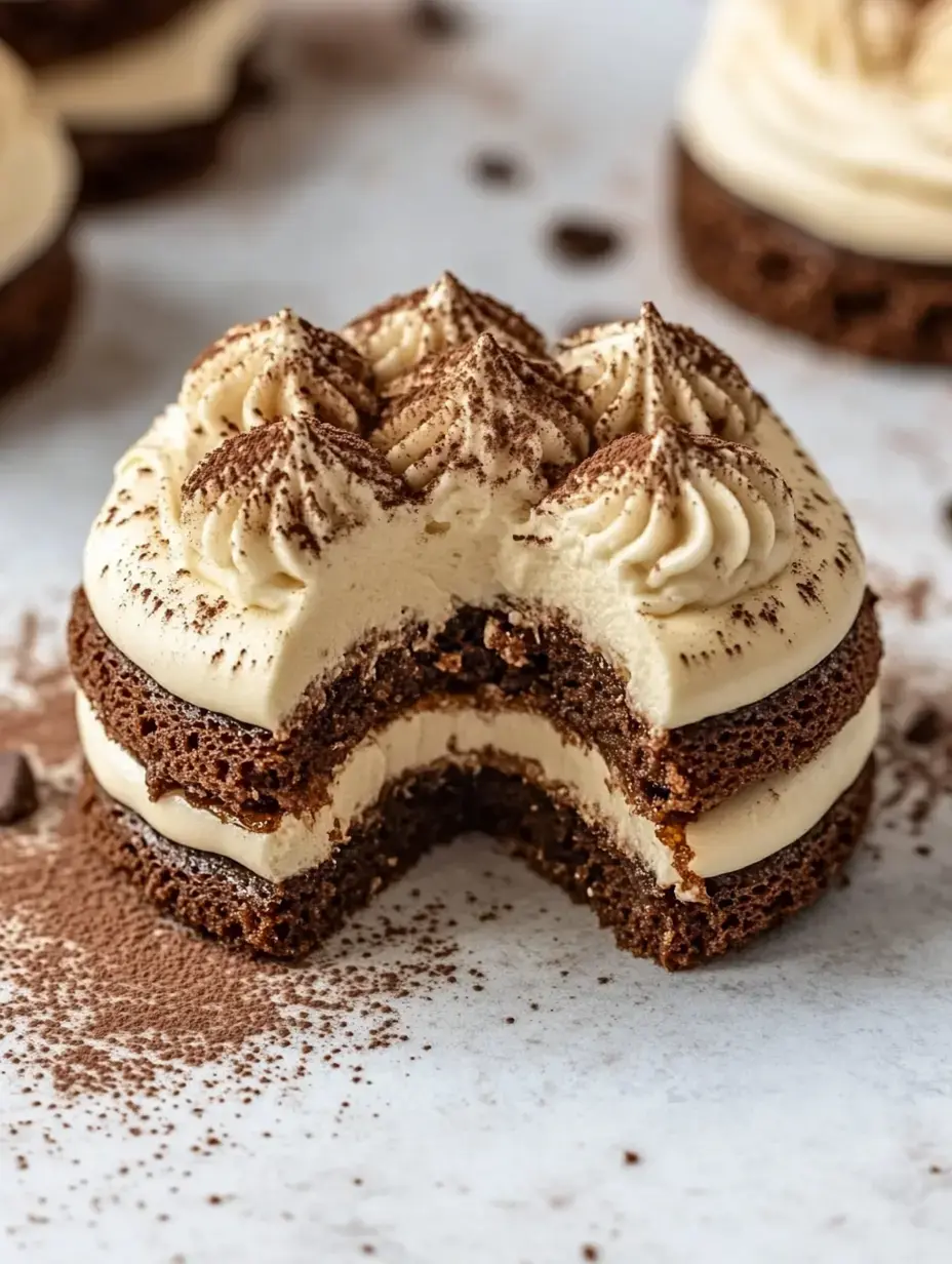 A chocolate dessert with layers of creamy frosting and cocoa powder on top, showing a cut piece revealing the internal structure.
