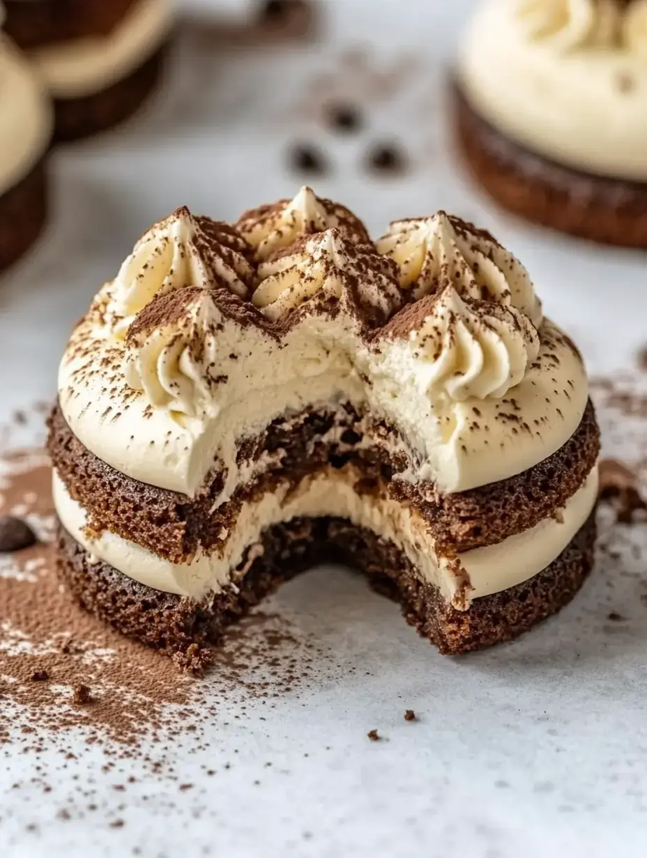 A cross-section of a layered chocolate dessert topped with cream and cocoa powder, revealing creamy filling and moist chocolate layers.