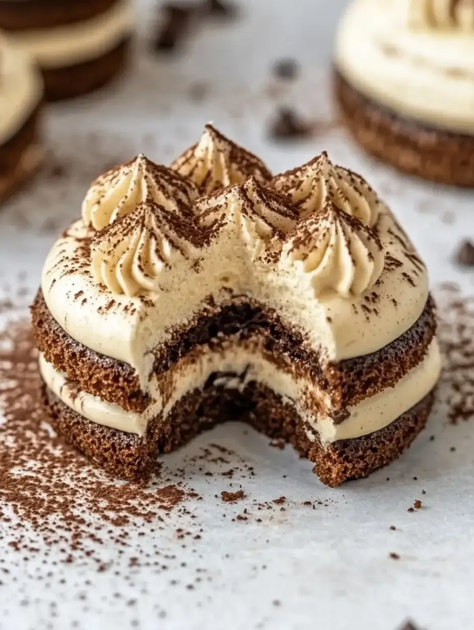 A chocolate dessert layered with creamy frosting and dusted with cocoa, featuring a bite taken out of it.