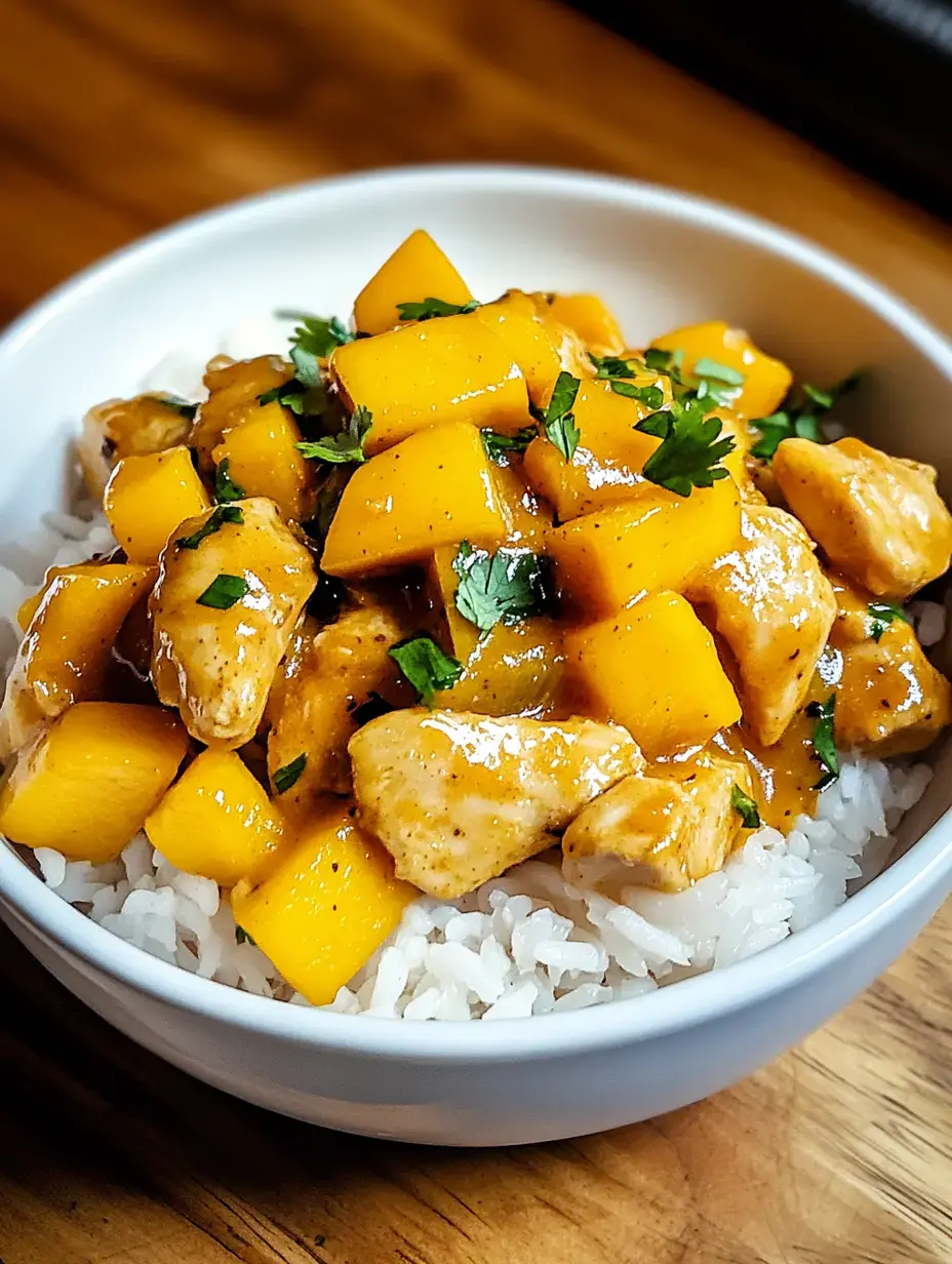 A rice bowl topped with chunks of chicken, fresh mango pieces, and green cilantro in a creamy sauce.