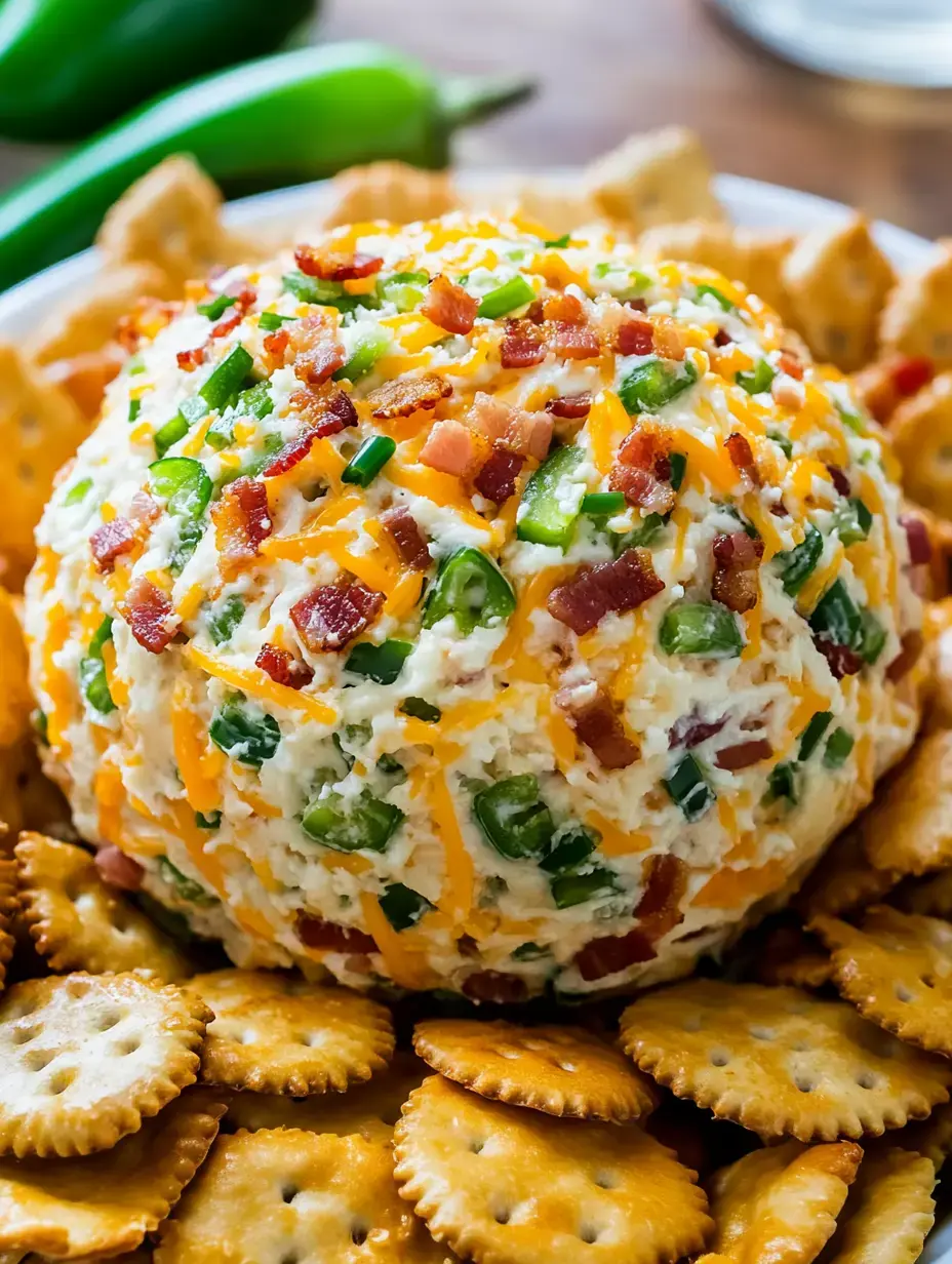 A cheese ball topped with bacon bits and green onions is surrounded by crackers on a serving platter.