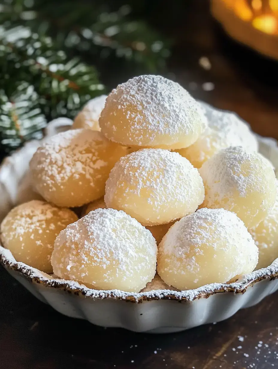 A bowl of dusted, round confections sits on a wooden surface, surrounded by greenery.