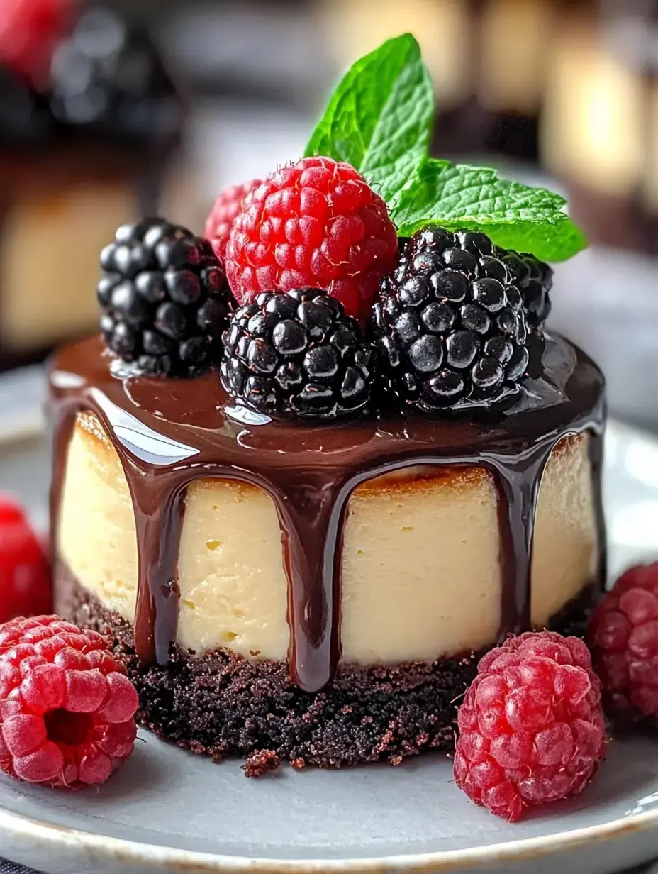 A rich dark dessert topped with juicy red raspberries, plump blackberries and a green mint leaf garnish.