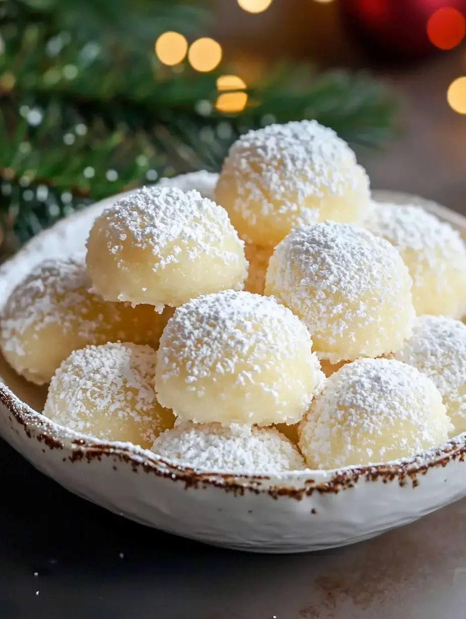 A bowl of powdered sugar-coated round cookies sits on a table, with festive decorations blurred in the background.
