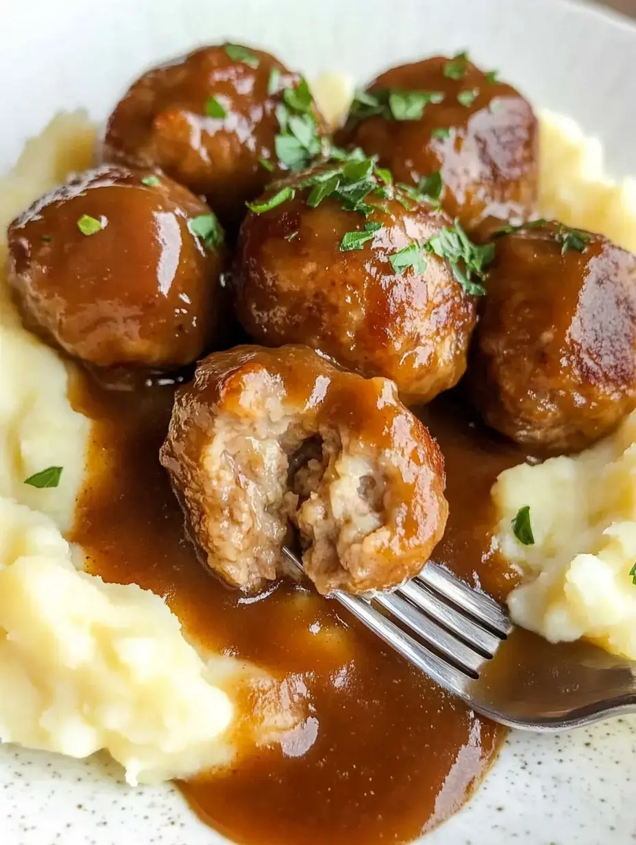 Juicy meatballs swimming in thick brown gravy, piled on top of smooth mashed potatoes with a sprinkle of parsley.