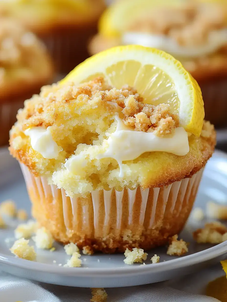 A close-up of a lemon cupcake topped with frosting, crumbled topping, and a slice of lemon, with a portion missing to reveal its fluffy interior.