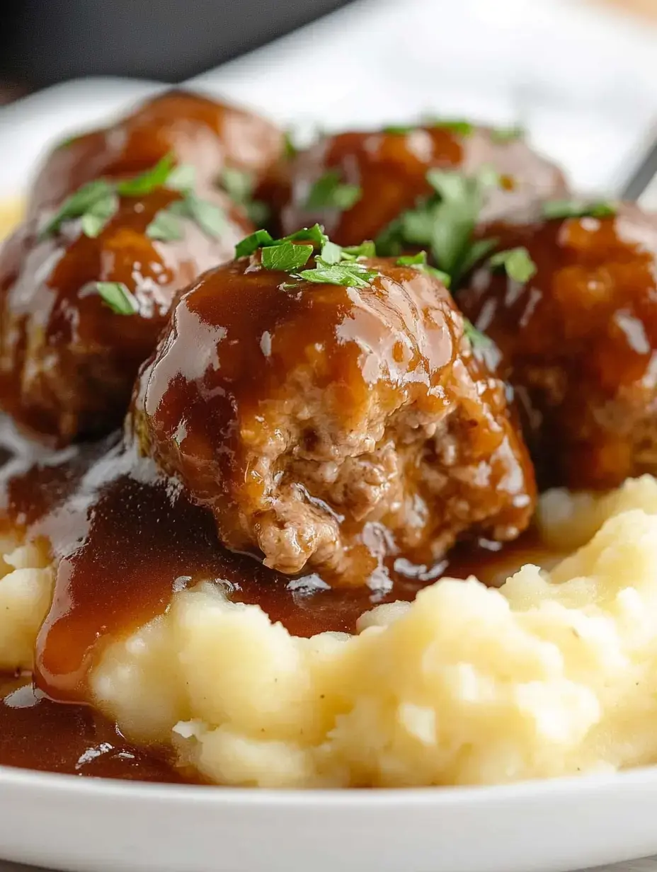 Rich brown gravy coating tender meatballs, topped with fresh parsley and served over smooth, creamy mashed potatoes.