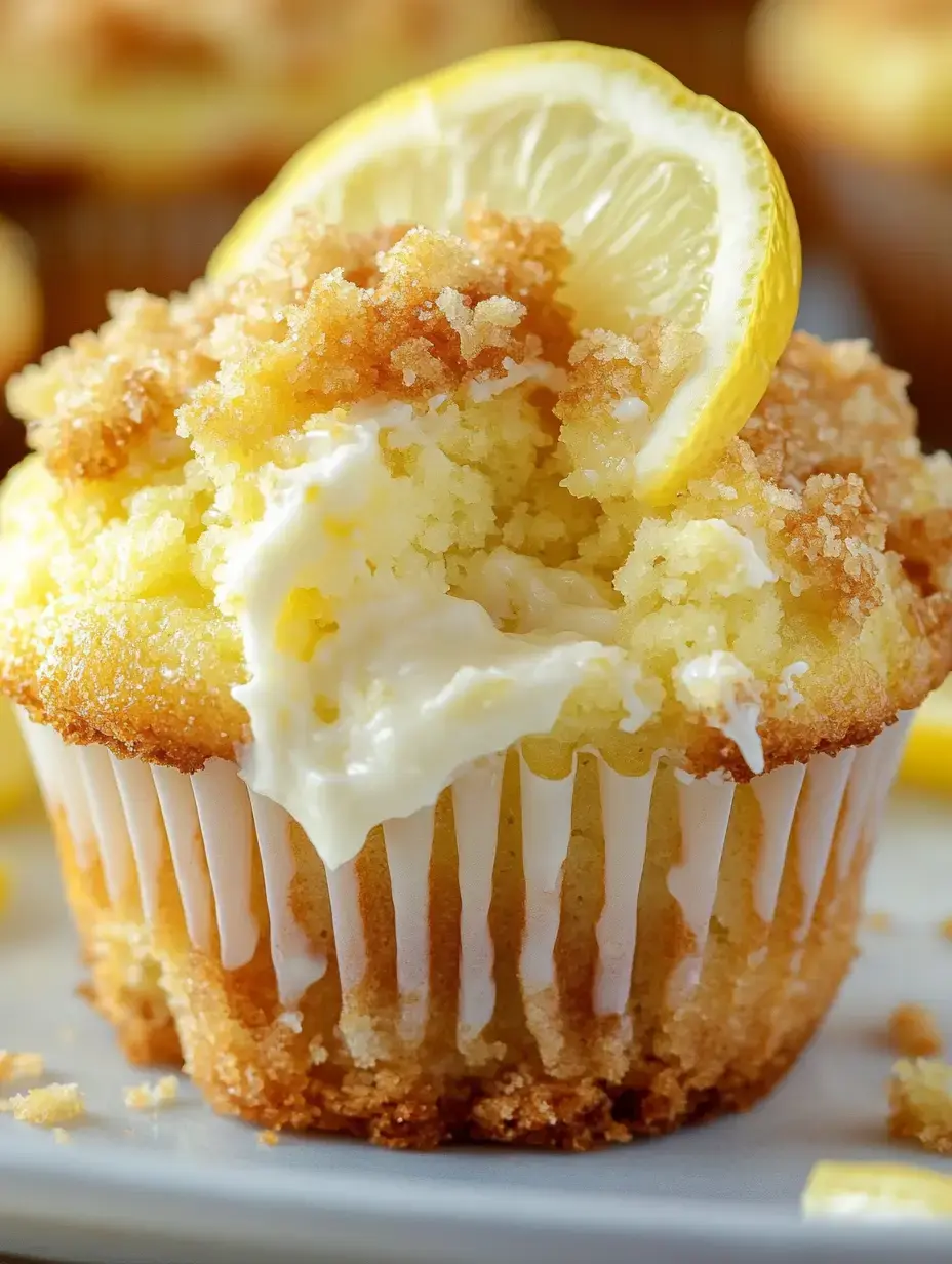 A lemon cupcake topped with crumbly topping and a slice of lemon, revealing a creamy filling inside.