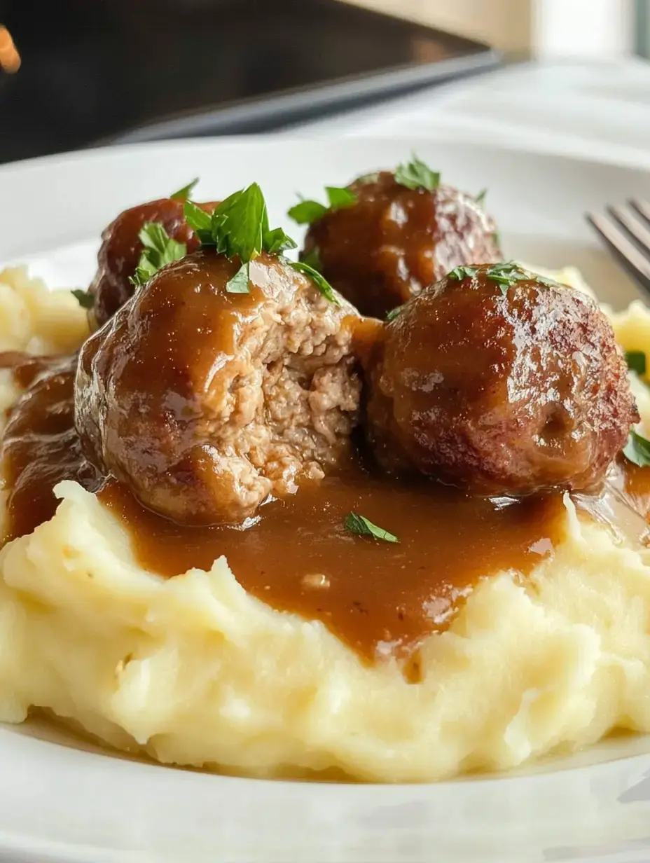 Smooth mashed potatoes loaded with tender meatballs covered in rich brown gravy with a light sprinkle of bright green parsley.
