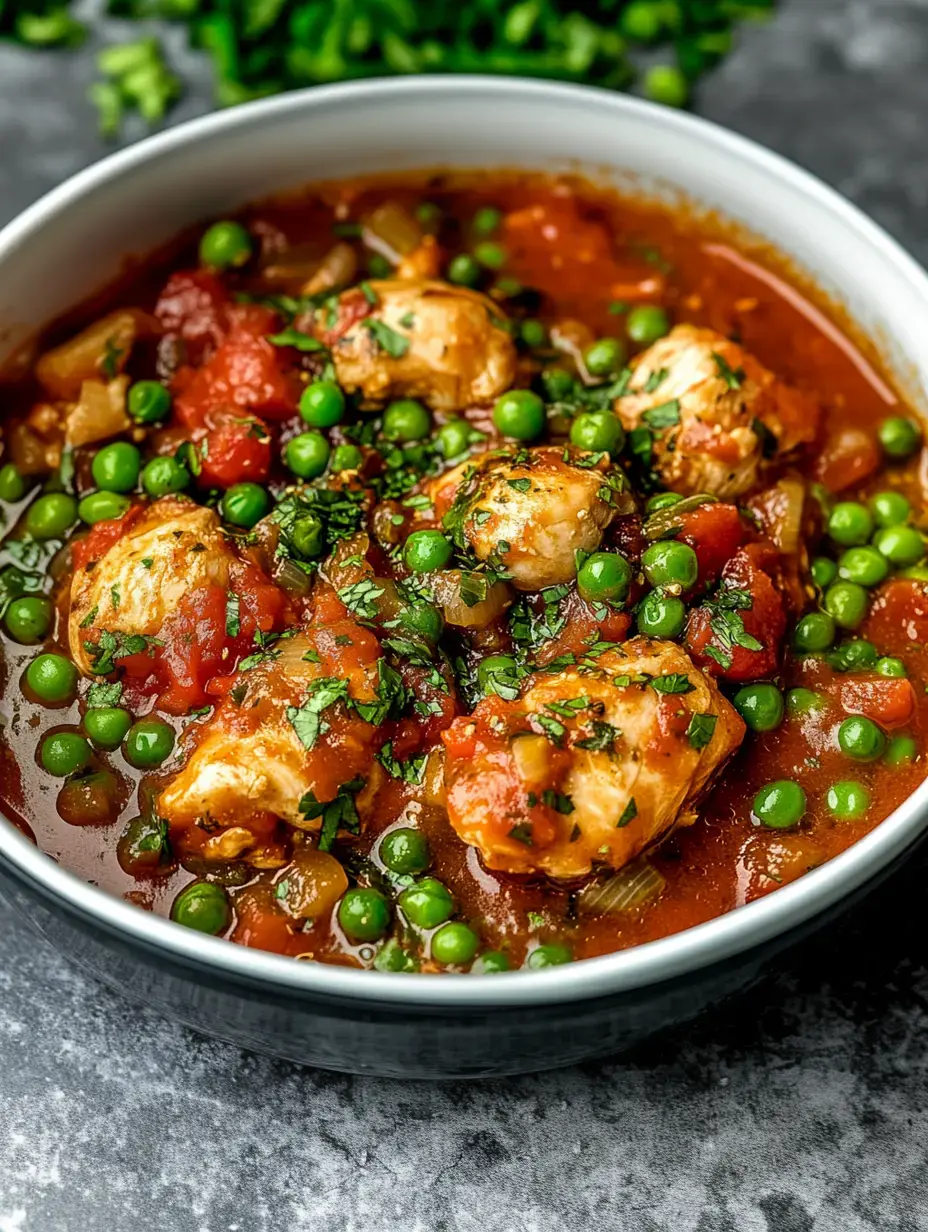 A hearty bowl filled with chicken chunks, green peas, and tomatoes swimming in rich sauce with herb garnish.