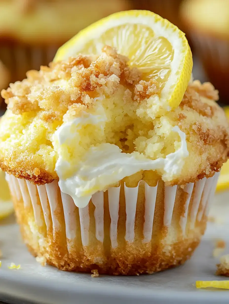A close-up of a lemon cupcake topped with crumbled topping and a slice of lemon.