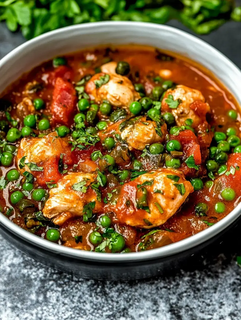 A warm bowl of rich tomato stew with green peas topped with fresh herbs.