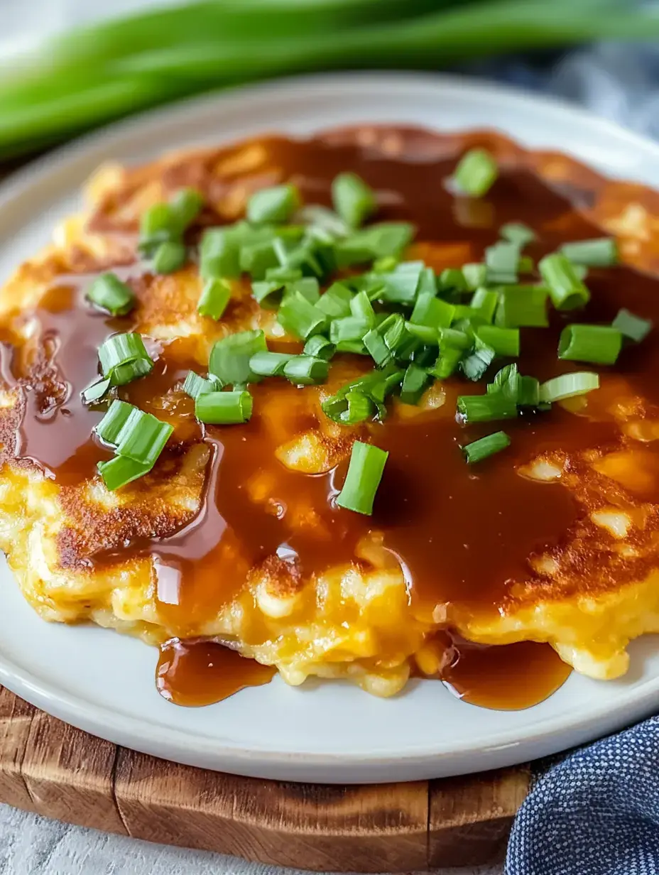 A plate of golden, fluffy pancakes topped with green onions and a glossy brown sauce.