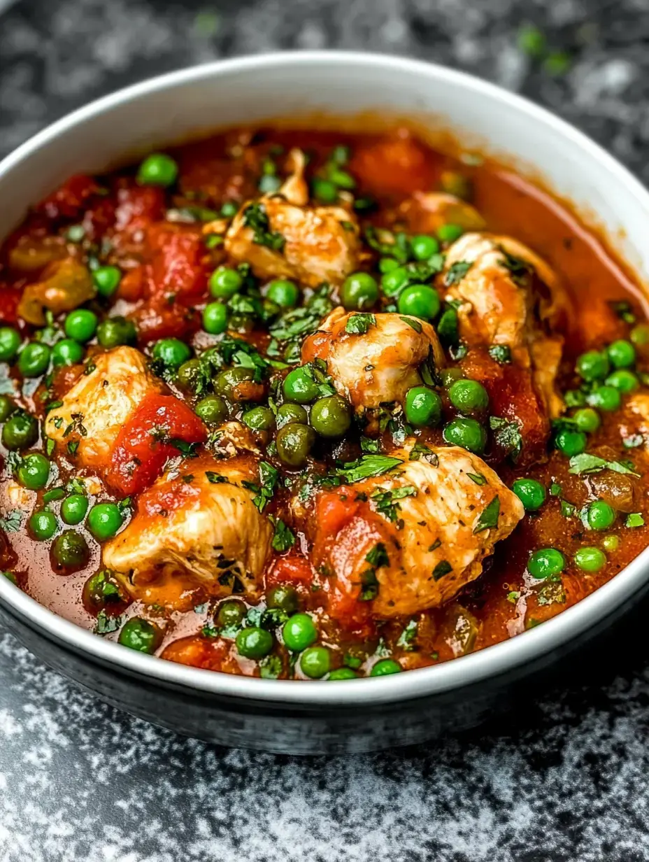 A steaming bowl of tomato-based stew with chicken pieces and green peas sprinkled with herbs.