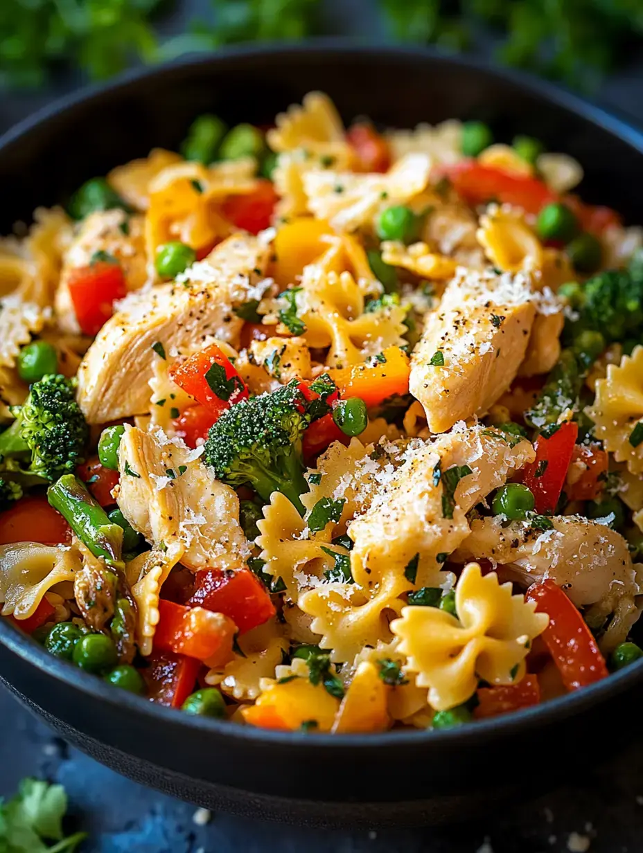 A bowl of colorful pasta mixed with chicken, broccoli, bell peppers, peas, and topped with grated cheese.